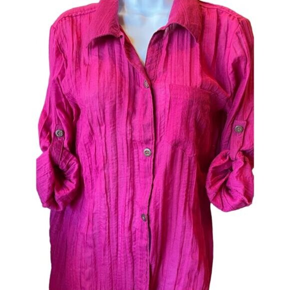 Pink Textured Button-Down Shirt By Mynah S Cotton Roll-Tab Sleeves Lightweight - Picture 8 of 9